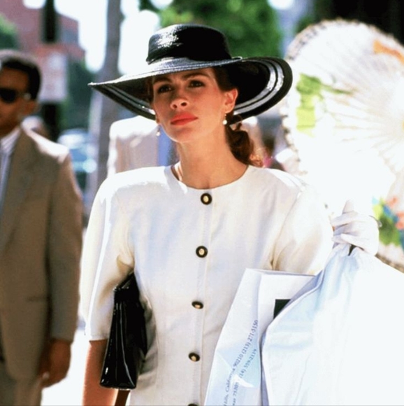 Vintage 80s Michael Andrew B&W Flower Floral Derby Synthetic Straw Wide Brim Hat main image 4
